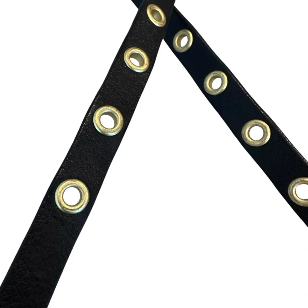 J. Crew Black Leather Gold Eyelets Skinny Belt Size M/L - Picture 2 of 4